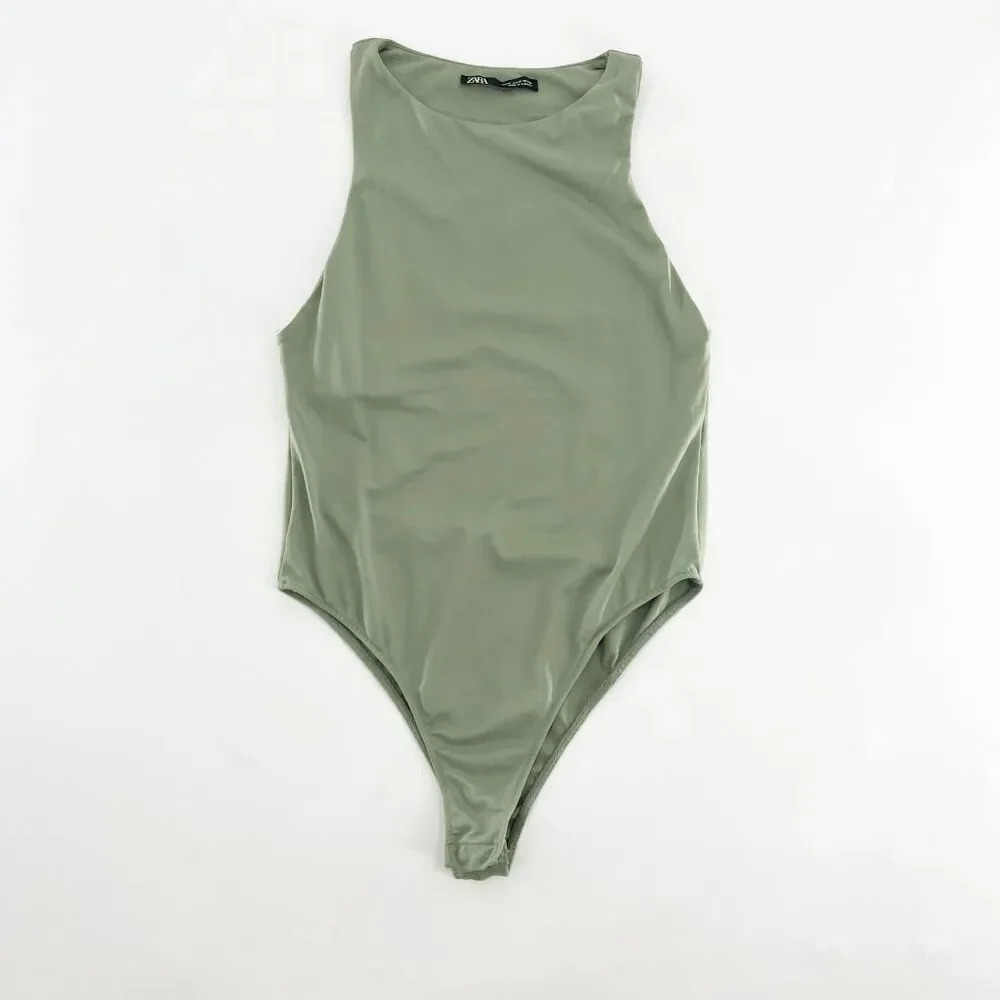 Zara One Piece Swimsuit Womens Size M Green High Neck Sleeveless Beach Chic‎